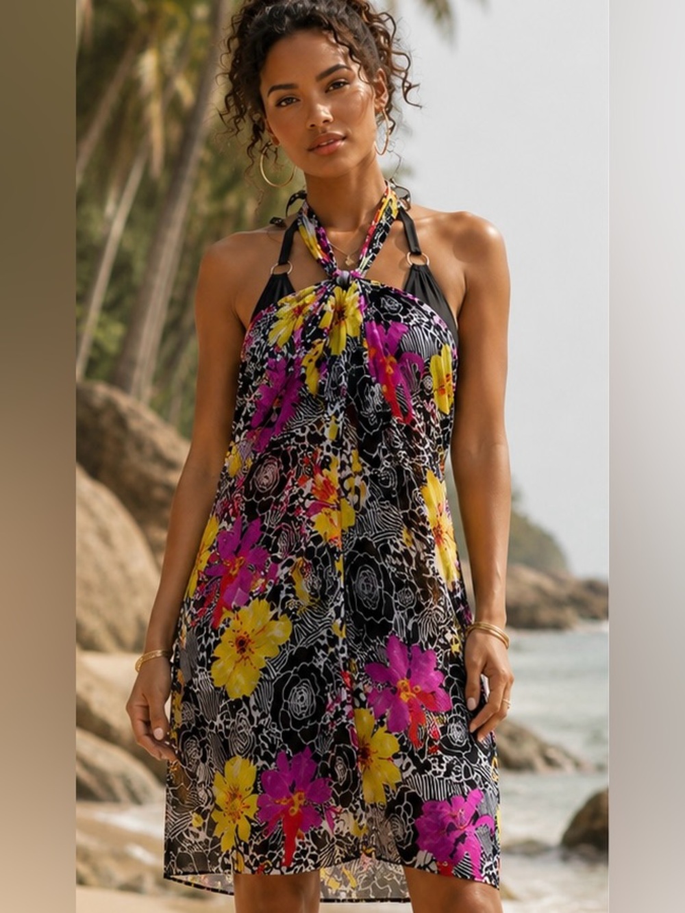 Spiegel Floral Sheer Sarong/Beautiful Swim Coverup | Black Yellow Fuchsia White